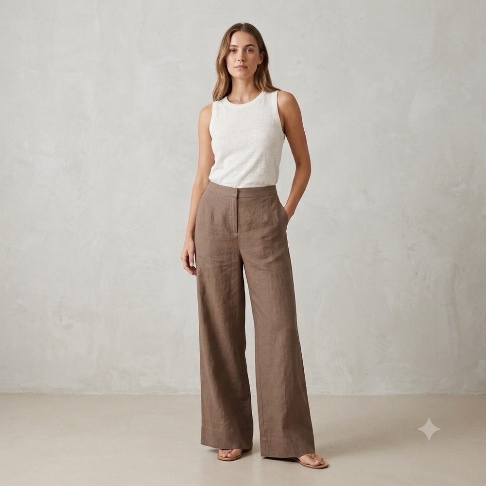 J. Jill Linen Wide Leg Pants Brown Tan L High Rise Coastal Minimalist Neutral